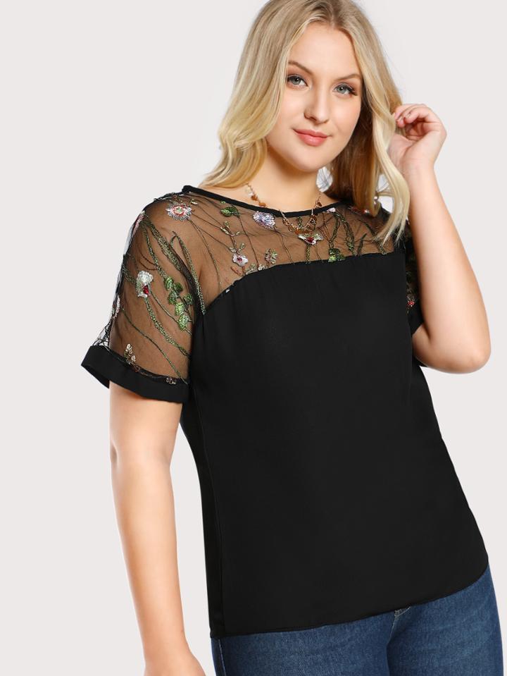 Romwe Flower Embroidered Mesh Shoulder Top
