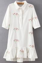 Romwe White Lapel Embroidered Ruffle Shirt Dress