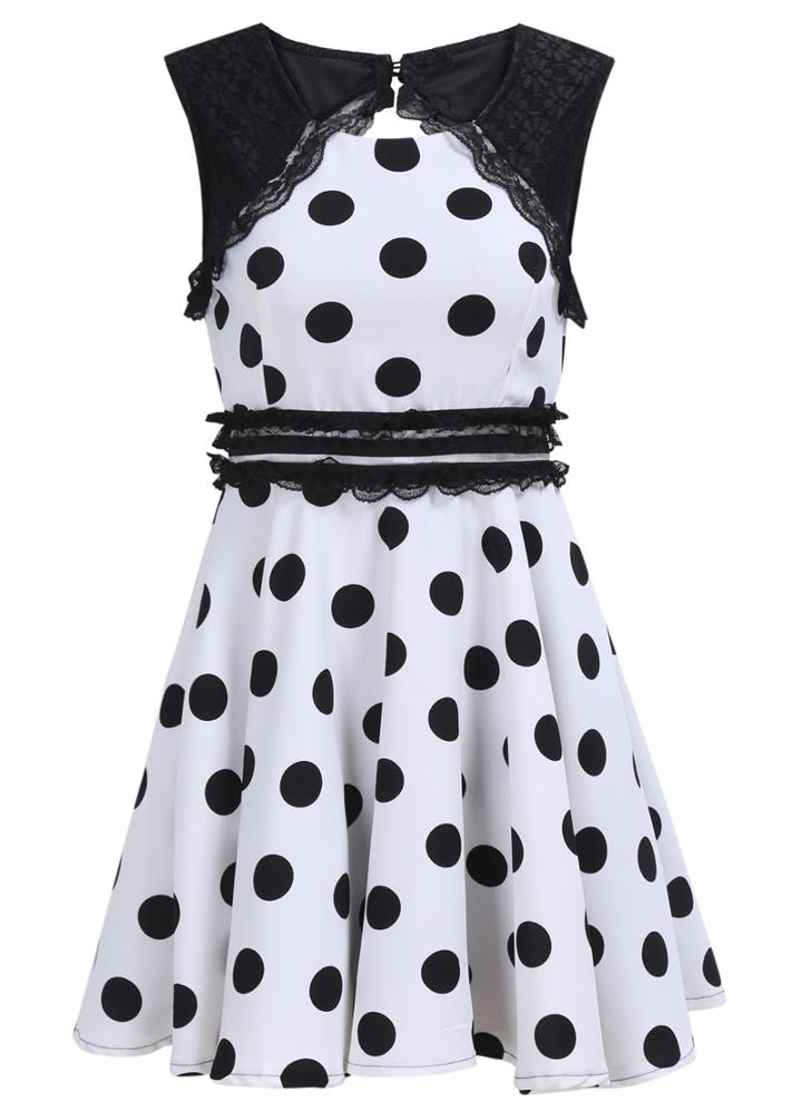 Romwe Sleeveless Polka Dot Lace Insert Pleated Dress
