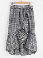 Romwe Band Waist Asymmetric Ruffle Trim Gingham Skirt
