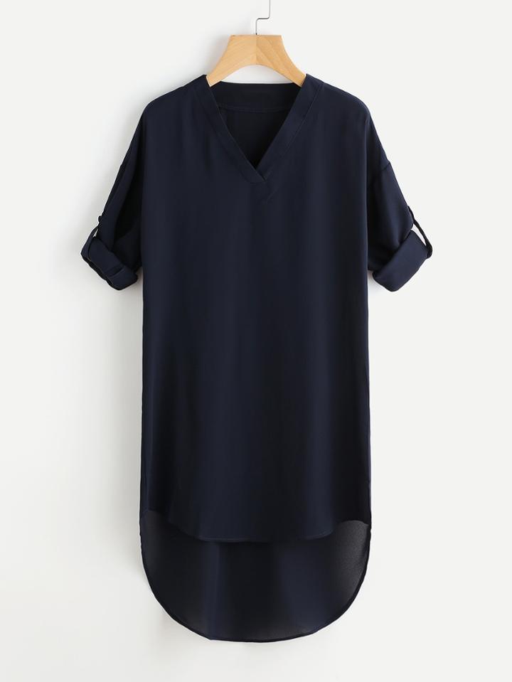 Romwe Drop Shoulder Roll Tab Sleeve Dip Hem Dress