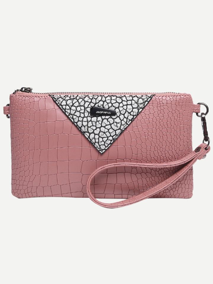 Romwe Pink Crocodile Embossed Wristlet Bag