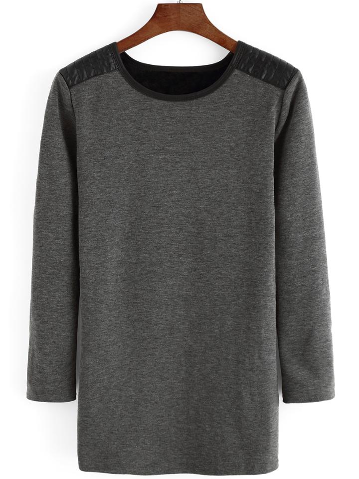 Romwe Long Sleeve Pu Splicing Straight Grey Dress