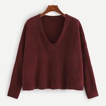Romwe V Neck Solid Fuzzy Jumper