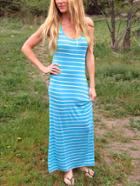Romwe Blue Scoop Neck Striped Dress