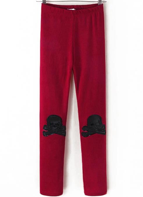 Romwe Skull Pattern Slim Wine Red Legging