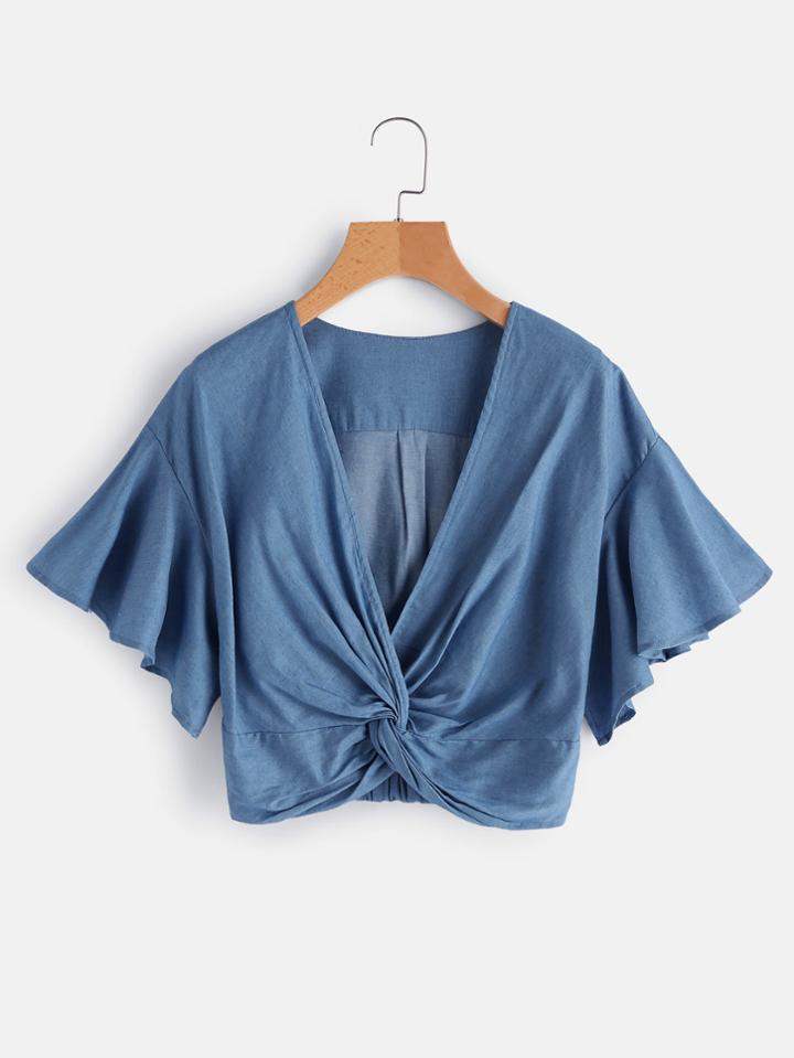 Romwe Twist Knot Front Flutter Sleeve Denim Crop Top