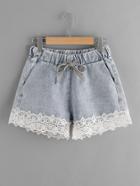 Romwe Contrast Lace Hem Drawstring Denim Shorts