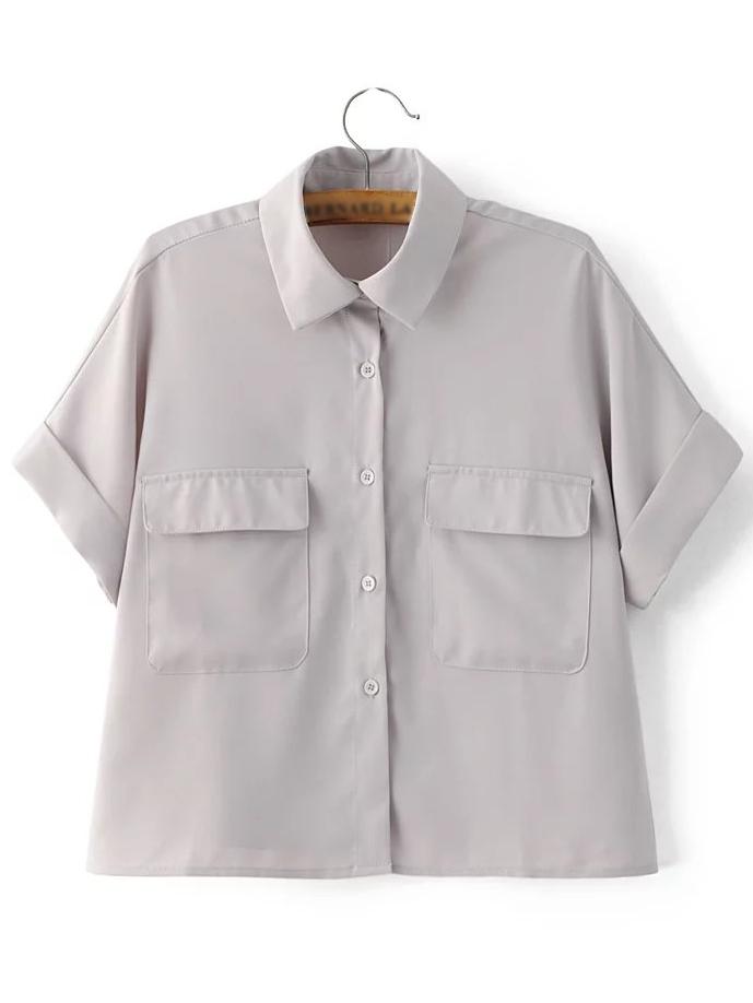 Romwe Grey Lapel Roll Up Pocket Blouse