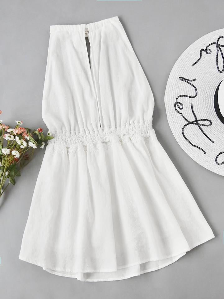 Romwe Halter Neck Split Front Backless Pleated Romper