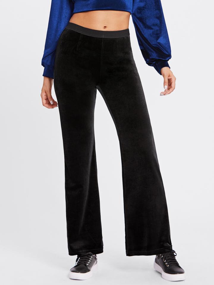 Romwe Velvet Elastic Waist Wide Leg Pants
