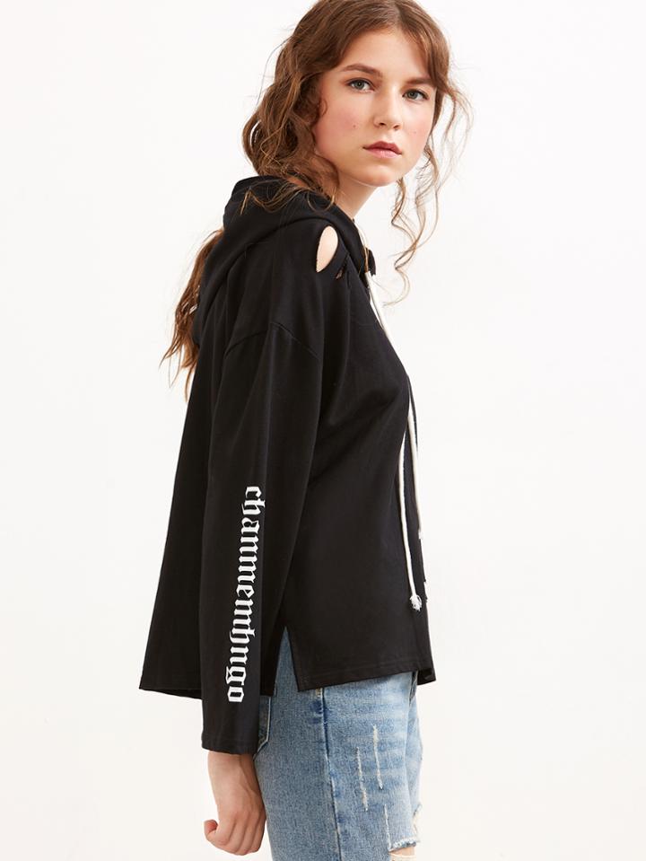 Romwe Black Letter Print High Low Ripped Drawstring Hooded Sweatshirt
