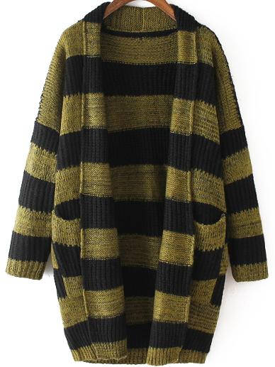 Romwe Lapel Striped Pockets Green Coat