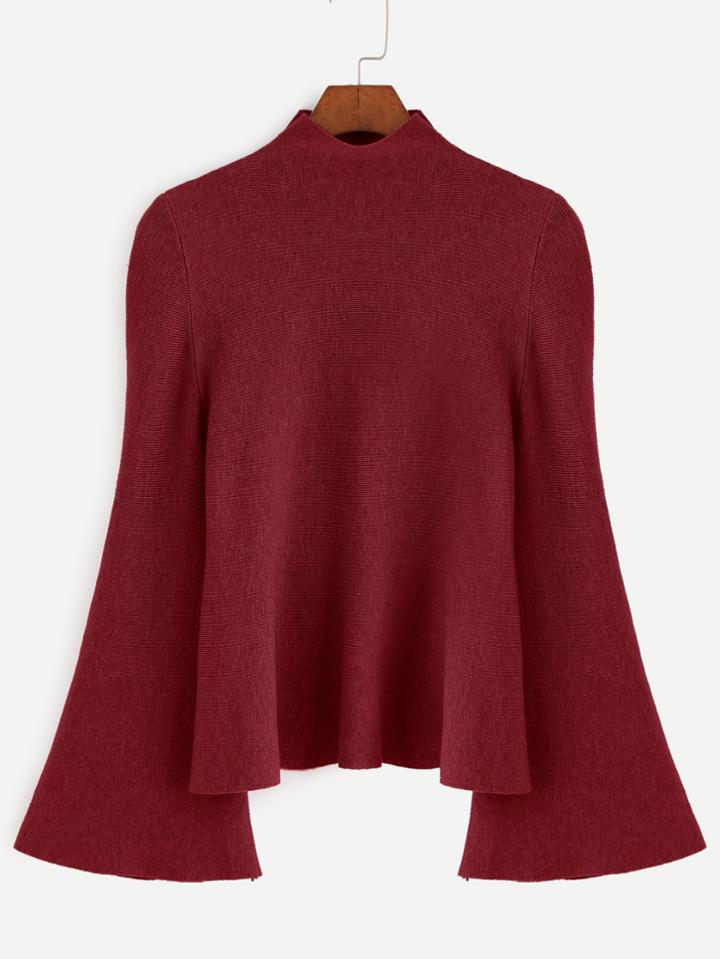 Romwe Burgundy Mock Neck Bell Sleeve Jersey Sweater