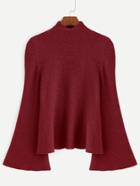Romwe Burgundy Mock Neck Bell Sleeve Jersey Sweater