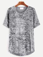 Romwe Grey Short Sleeve High Low Velvet T-shirt