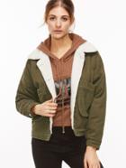 Romwe Army Green Back Letter Embroidery Patch Sherpa Ling Jacket