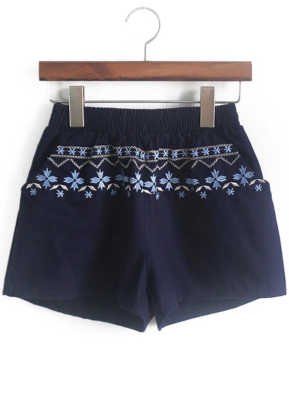 Romwe Elastic Waist Embroidered Blue Shorts