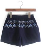 Romwe Elastic Waist Embroidered Blue Shorts