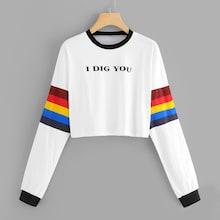 Romwe Letter Print Striped Sleeve Sweatshirt