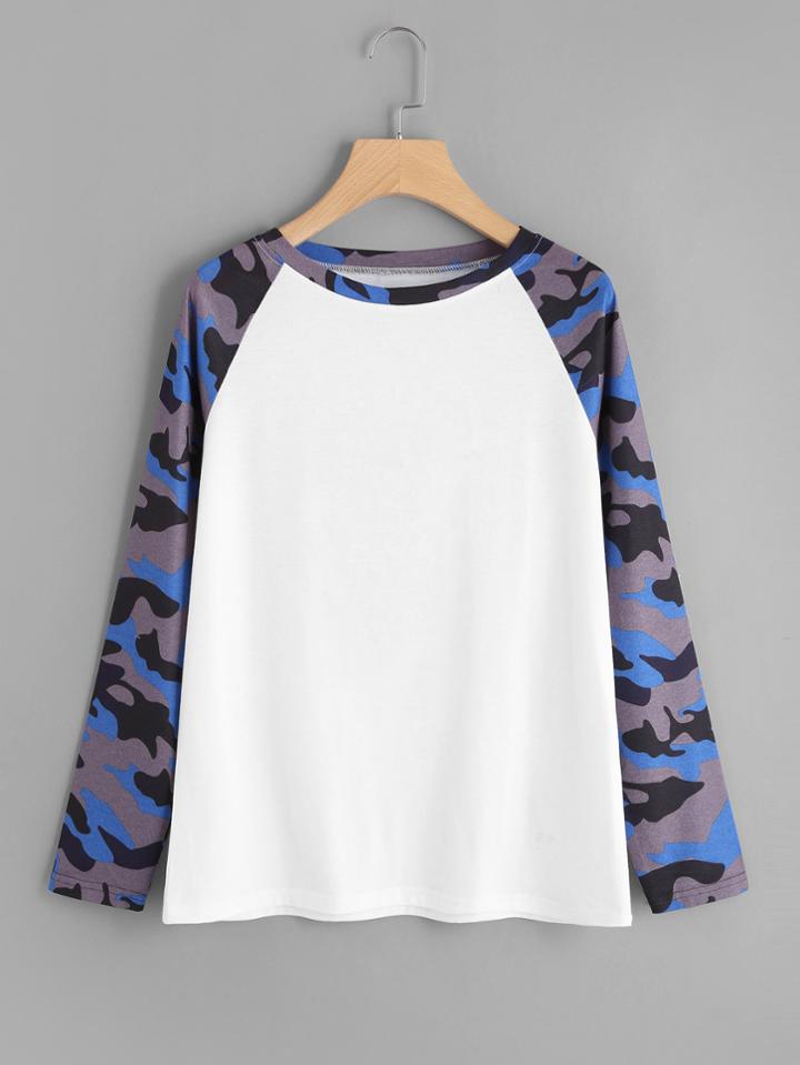 Romwe Camo Print Raglan Sleeve T-shirt