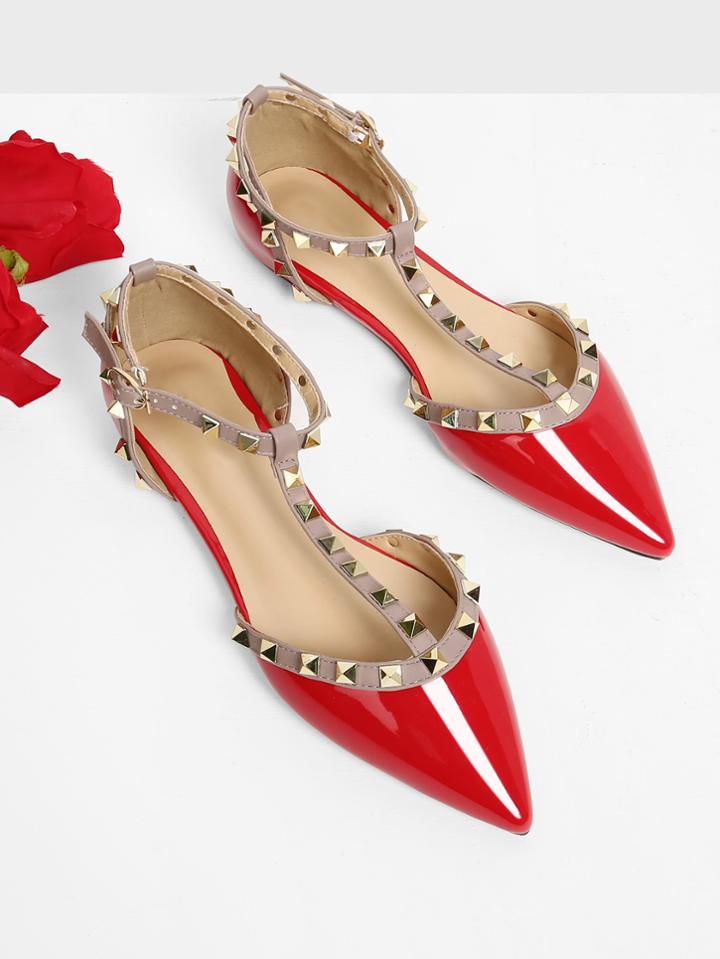 Romwe T-strap Studded Ballet Flats