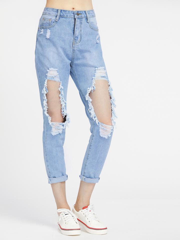 Romwe Distressed Cuffed Jeans