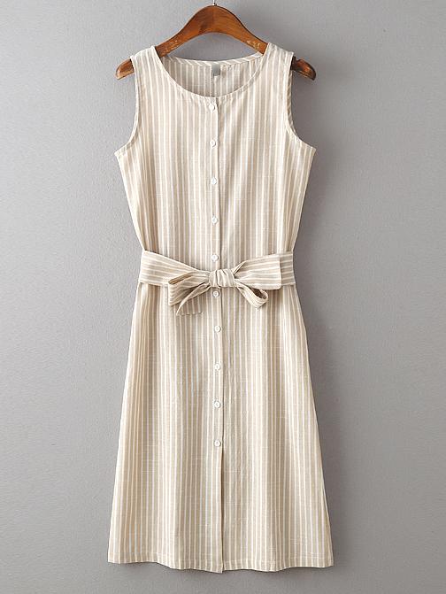 Romwe Beige Sleeveless Stripe Buttons With Belt