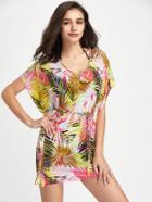 Romwe Leaf Print Cover Up Dress With Self Tie