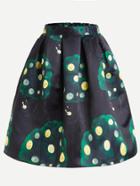 Romwe Black Money Tree Print Flare Skirt With Zipper