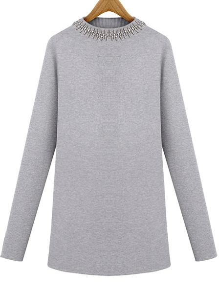 Romwe Mock Neck Bead Slim Grey Sweater