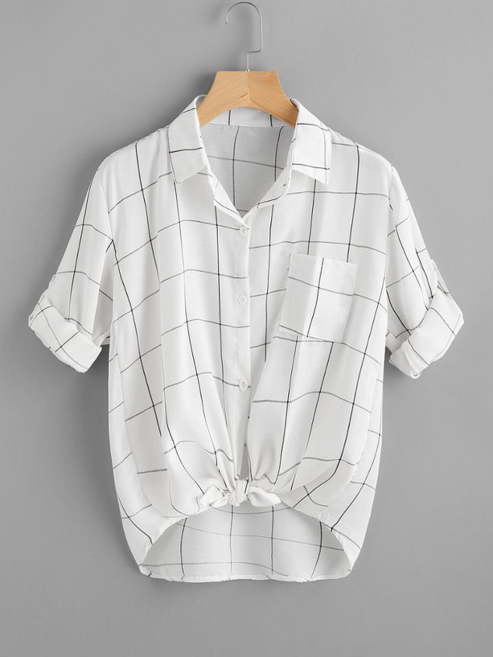 Romwe Rolled Sleeve Checked Dip Hem Knot Front Blouse