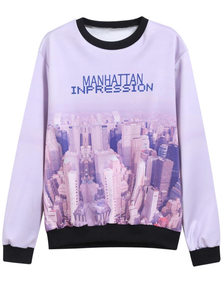 Romwe City Letter Print Round Neck Sweatshirt