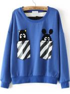 Romwe Monster Print Striped Pocket Blue Sweatshirt