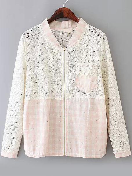 Romwe Plaid Hollow Lace Pink Blouse