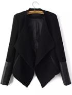 Romwe Black Long Sleeve Contrast Pu Leather Zipper Coat