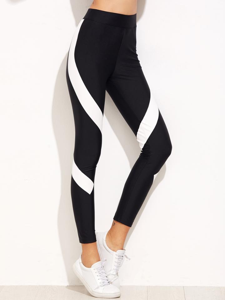 Romwe Black Contrast Panel High Waist Leggings