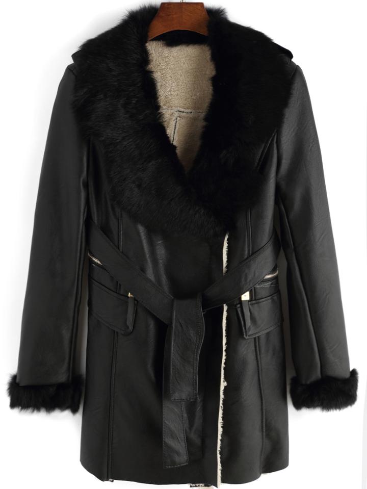 Romwe Faux Fur Lapel Pockets Belt Black Coat