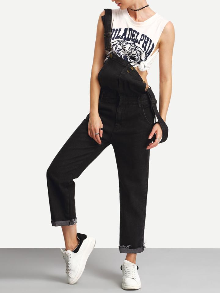 Romwe Black Straps Zipper Frayed Denim Jumpsuit