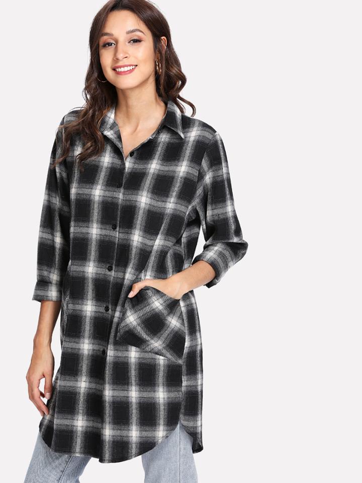Romwe Dual Pocket Curved Hem Checked Shirt