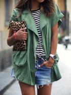 Romwe Green Lapel Short Sleeve Pockets Coat