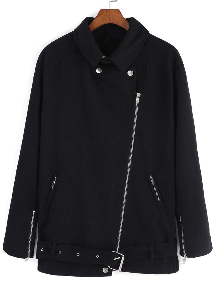 Romwe Lapel Zipper Belt Buckle Coat
