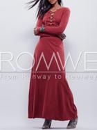 Romwe Red Long Sleeve Lace Up Maxi Dress