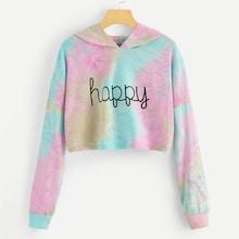 Romwe Letter Print Pastel Tie Dye Crop Hoodie