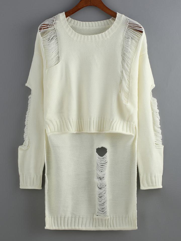 Romwe Dip Hem Ripped White Sweater