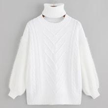 Romwe Cable Knit Fluffy Sweater With Choker