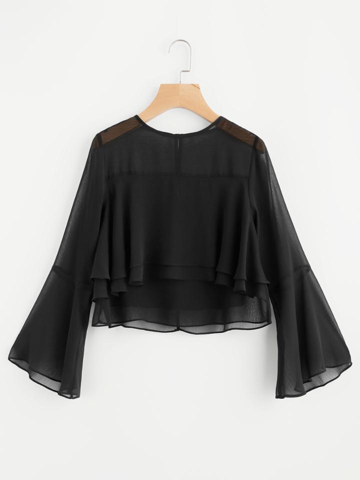 Romwe Fluted Sleeve Tiered Keyhole Back Sheer Blouse