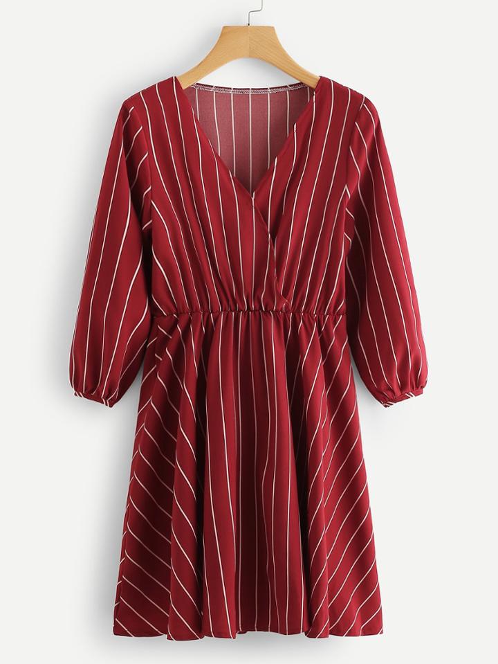 Romwe Stripe Wrap Puff Sleeve Dress
