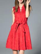 Romwe Red V Neck Tie-waist A-line Dress