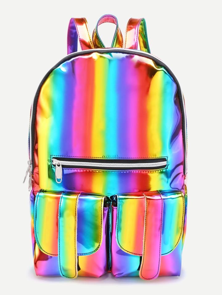 Romwe Iridescent Front Zipper And Pocket Backpack